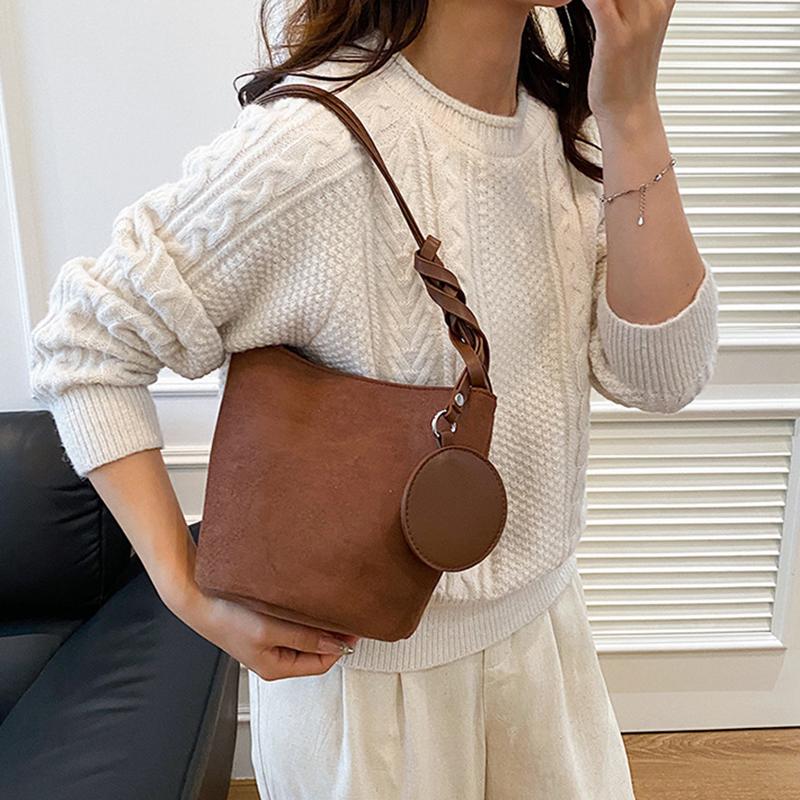 Solid Color Women Suede Shoulder Bucket Bags Large Capacity Versatile Ladies Underarm Tote Casual Female Phone Handbags Purse CLE