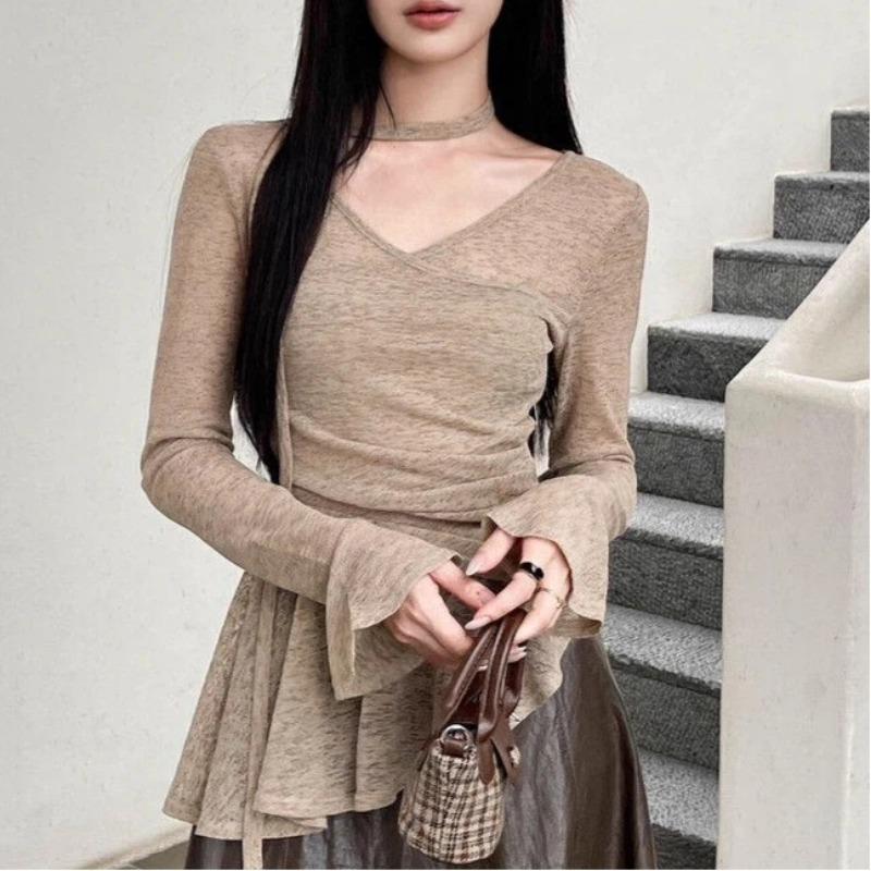 Autumn New Design Irregular Waist T-shirt Niche Elegant Ribbon Top for Women