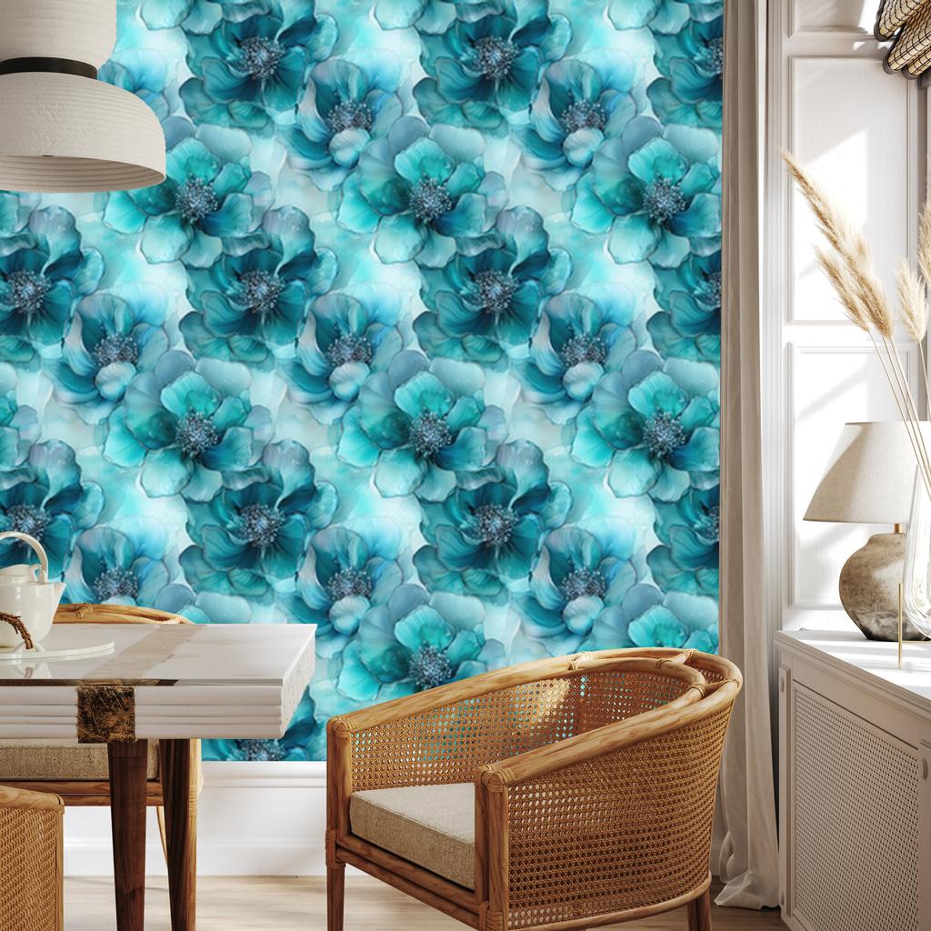 Wallpaper Ink Turquoise, Celadon, Navy Blue and Blue 50x1000