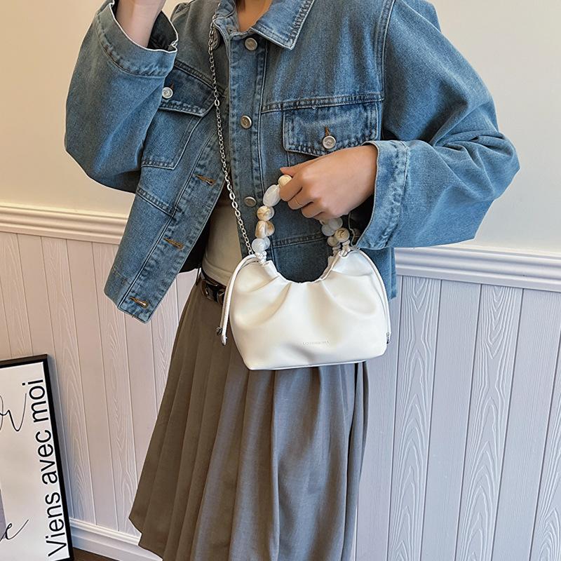 Korean Solid Color Girl Handbag Fashion Beaded Girl Crossbody Bag Simple Women's One-Shoulder Dumpling Bag PU