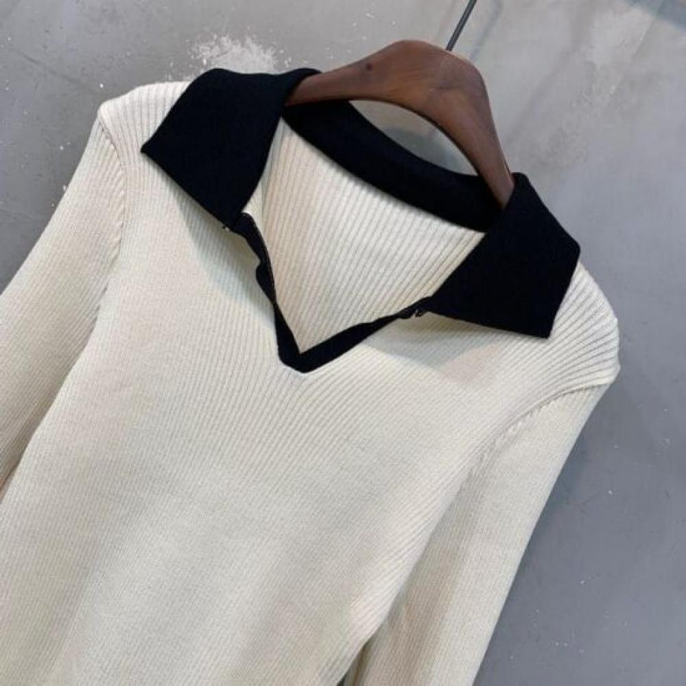 C S In The Room Women daChi Color bloCk Collar V neCk Slim Fit Long SleeVe Knit