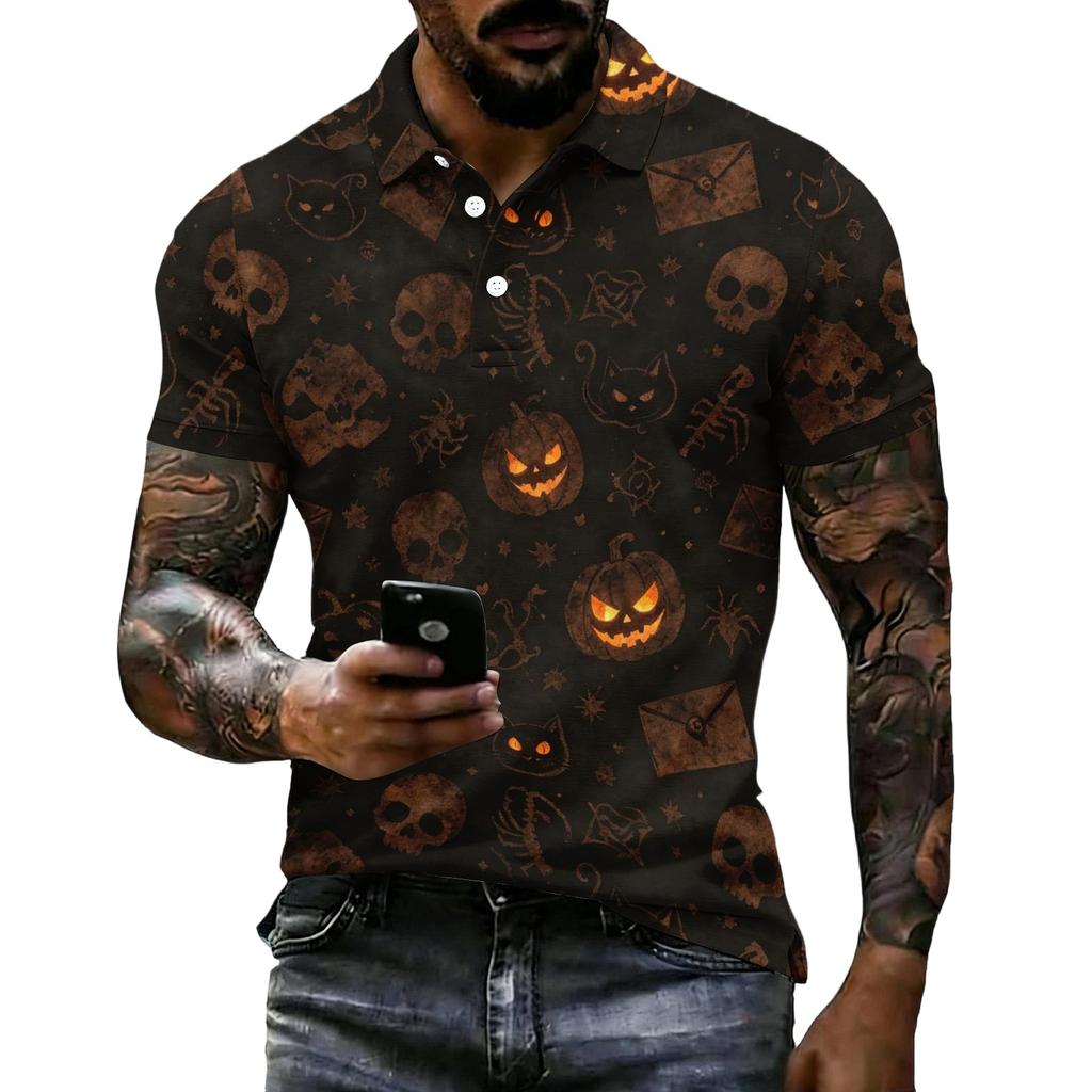 Men's Halloween Printed Short Sleeve Polo Shirt Loose Casual Summer Daily Wear Button Down Collar Top