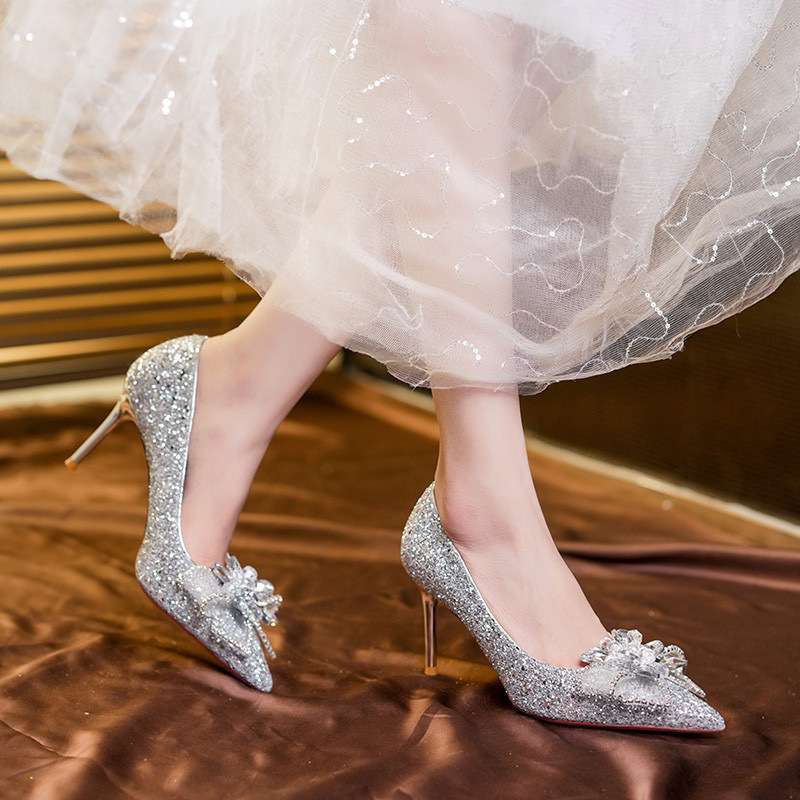 French Stiletto Crystal Sequins Silver Fairy High Heels New Bow Bridal Wedding Shoes Main Dress