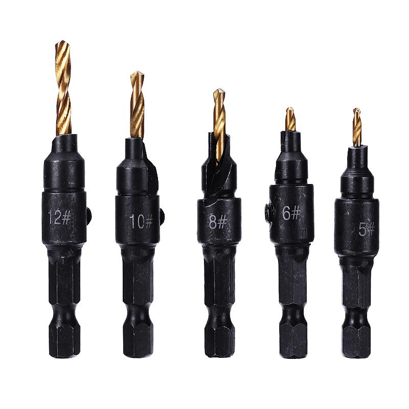 5Pcs 1/4'' Hex Shank Countersink Drill Bit Set HSS Woodworking Pilot Screw Holes