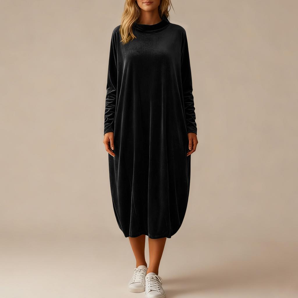 Modisches Damenkleid in Farbe, Rundhalsausschnitt, Langarm, Mit Tasche, Lang, Aus Goldvelours, Locker