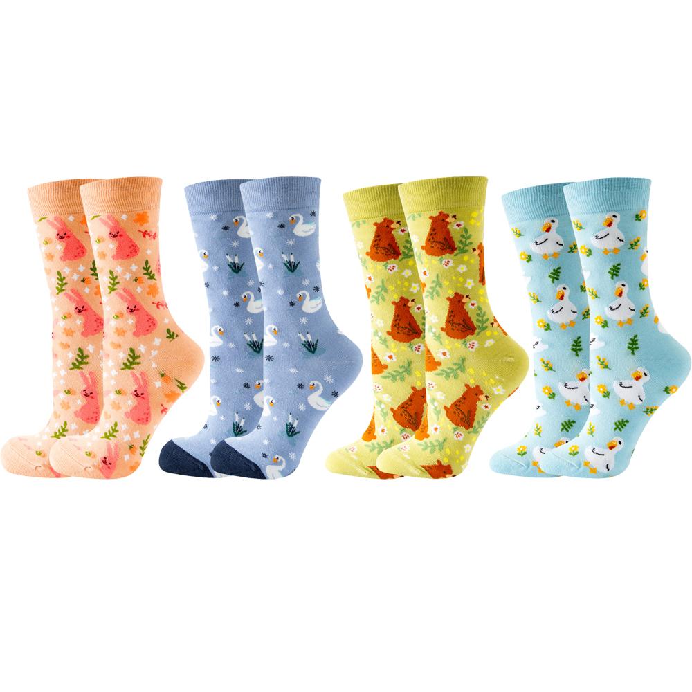 4 Pairs New Fashion Colorful Funny Happy Casual Women Socks Dress Harajuku Cute Cartoon Cat Dog Lemon Donut Girl Cotton Socks