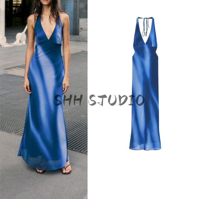 Autumn New Women's Clothing Minimalist Open Back Design Print Hanging Collar Bows Dress 8222122