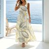 Minimalist Loose Sleeveless U-Neck Dress Leaf Pattern Collection,Lightweight Fabric,Beach Vacation Floor-Length Dress,Versatile Fashion