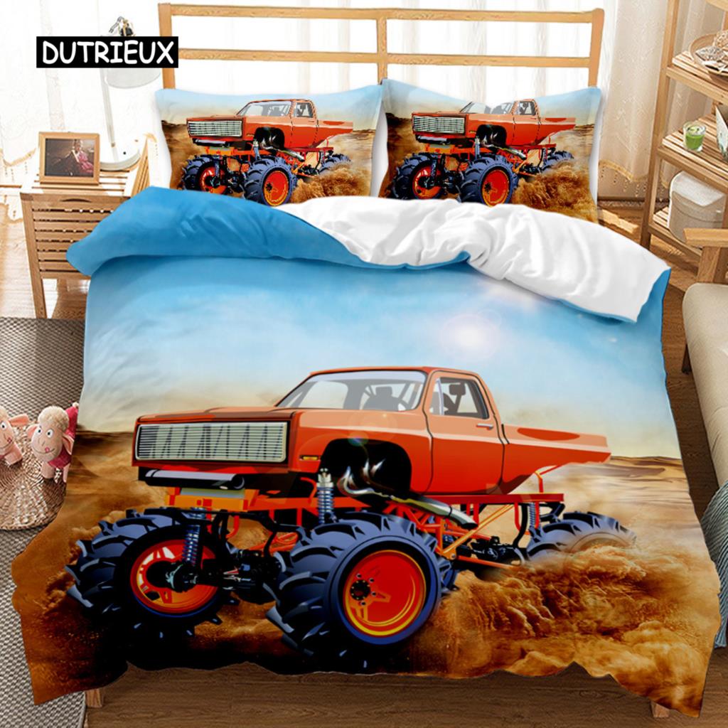 Truck Duvet Cover Set Automobile Blue Monster Pickup Truck Off Road Vehicle Bedding Set for Boys King Size Polyester Quilt Cover