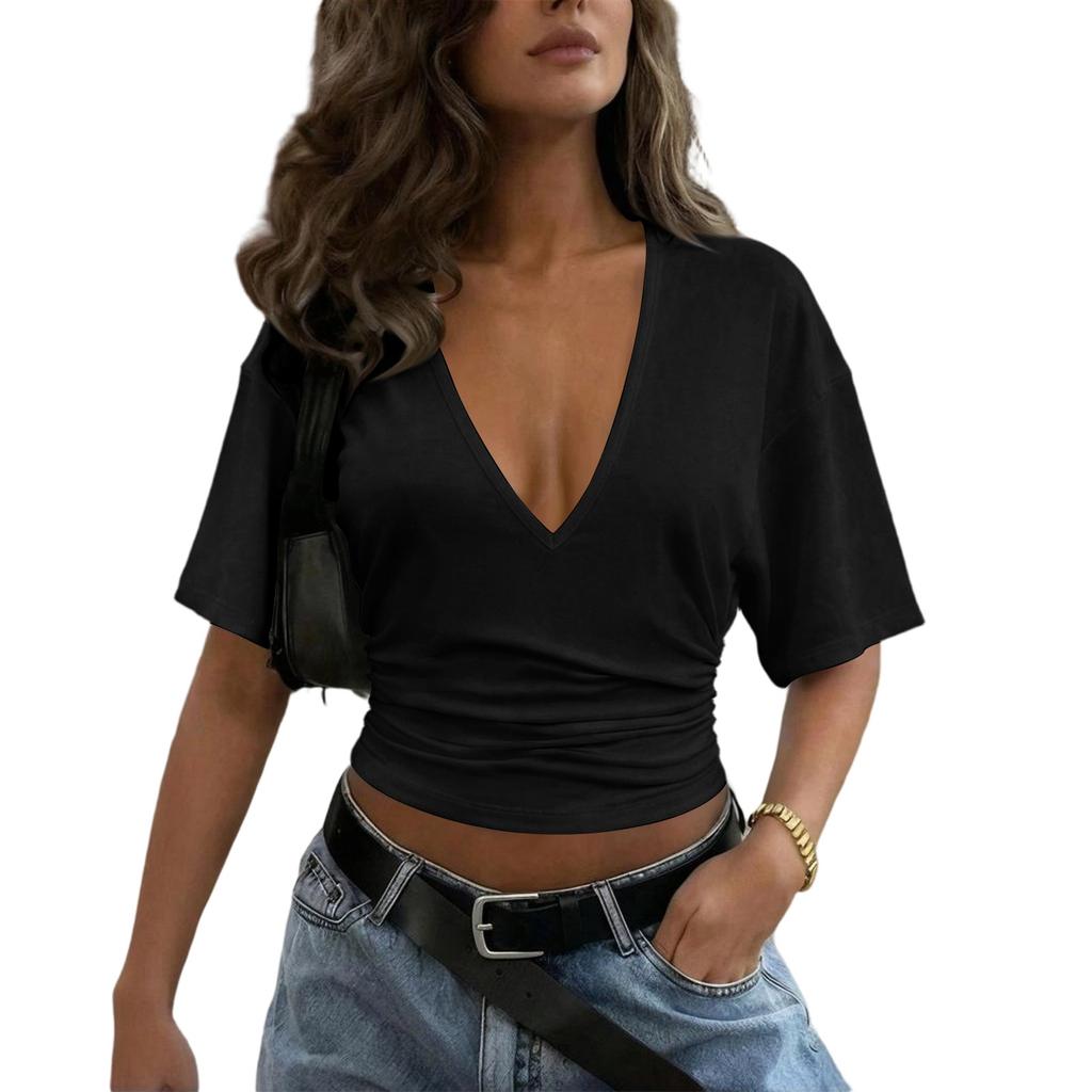Women Casual Solid Color Short Sleeve T Shirt Deep V Neck Ruched Waist Cropped Top Fashion Summer Blouse