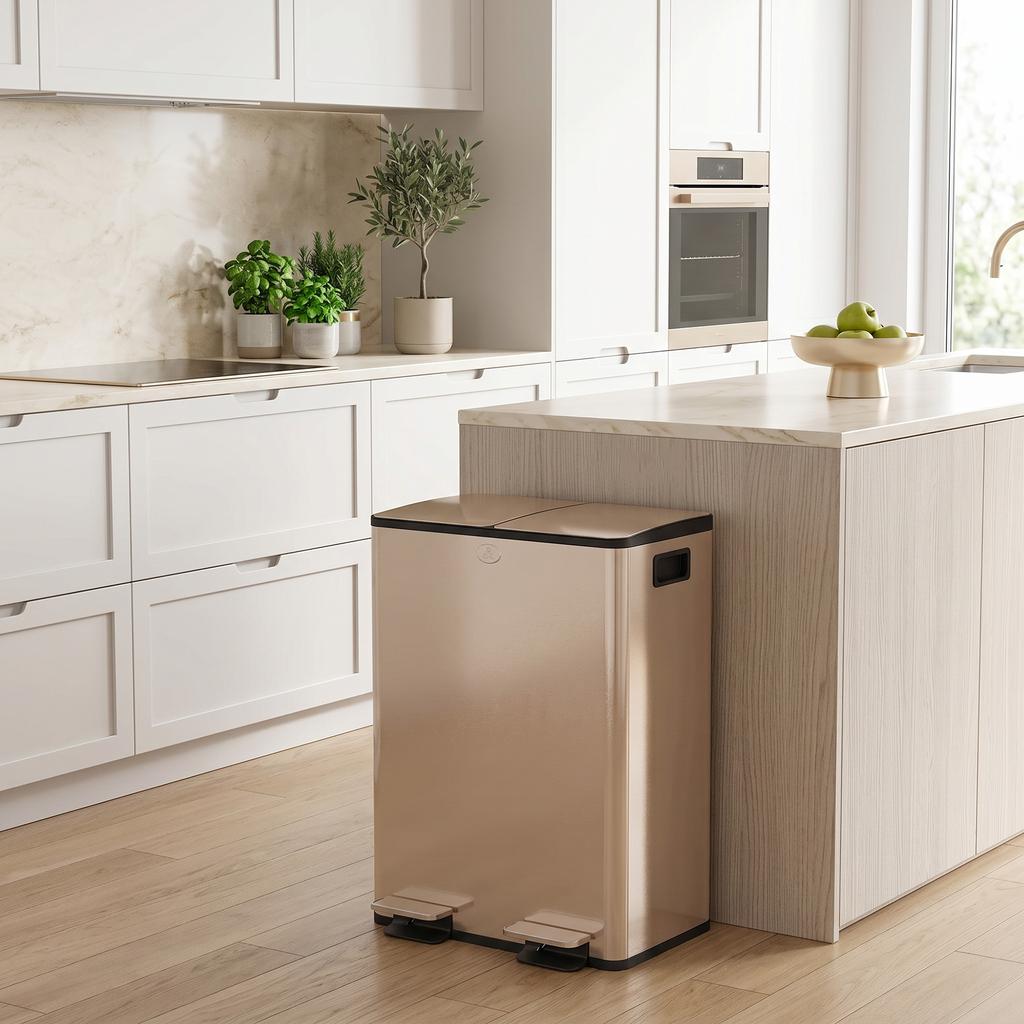 Kitchen Bin, 2-Compartment, 2 x 28 L, Stainless Steel, Soft-Close, 45.8 x 36 x 67.6 cm, Gold