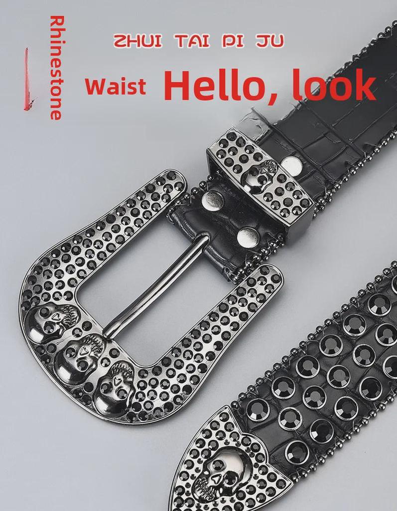 Curea de lux cu cataramă cu strasuri și craniu închis la culoare, cu paiete și diamante