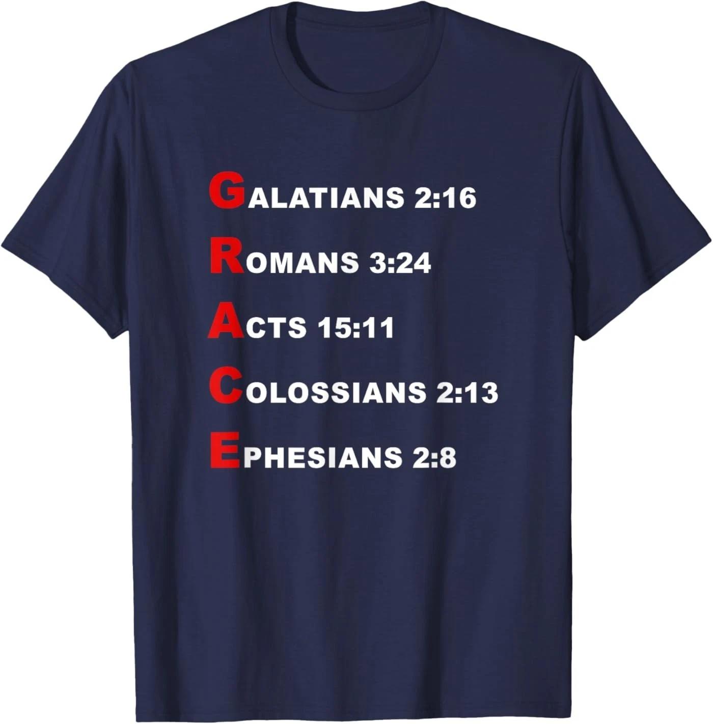 

Grace Acrostic – 5 Christian Faith Bible Verse Scriptures T-Shirt S