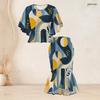 Women Plus Size Geometric Printed Two Piece Set Round Neck Batwing Sleeve Ruffle Hem Top Fishtail Skirt
