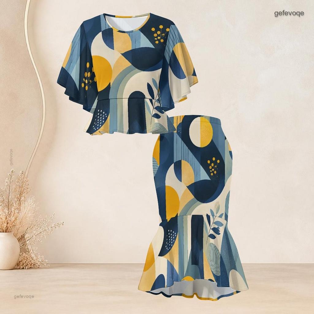 Women Plus Size Geometric Printed Two Piece Set Round Neck Batwing Sleeve Ruffle Hem Top Fishtail Skirt