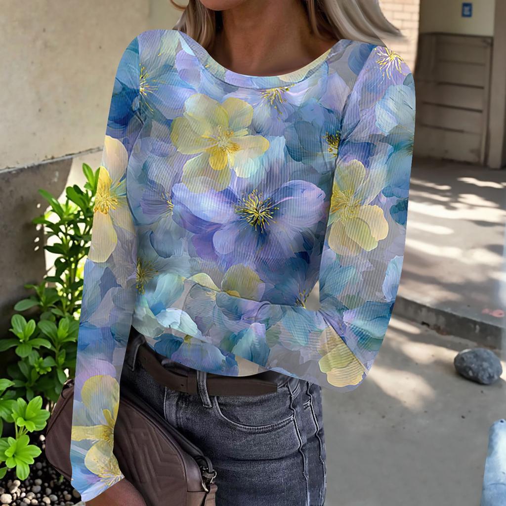 Women’s Casual Long Sleeve Crew Neck Top with Floral Print Ribbed Texture Lightweight Pullover Blouse for Everyday Wear