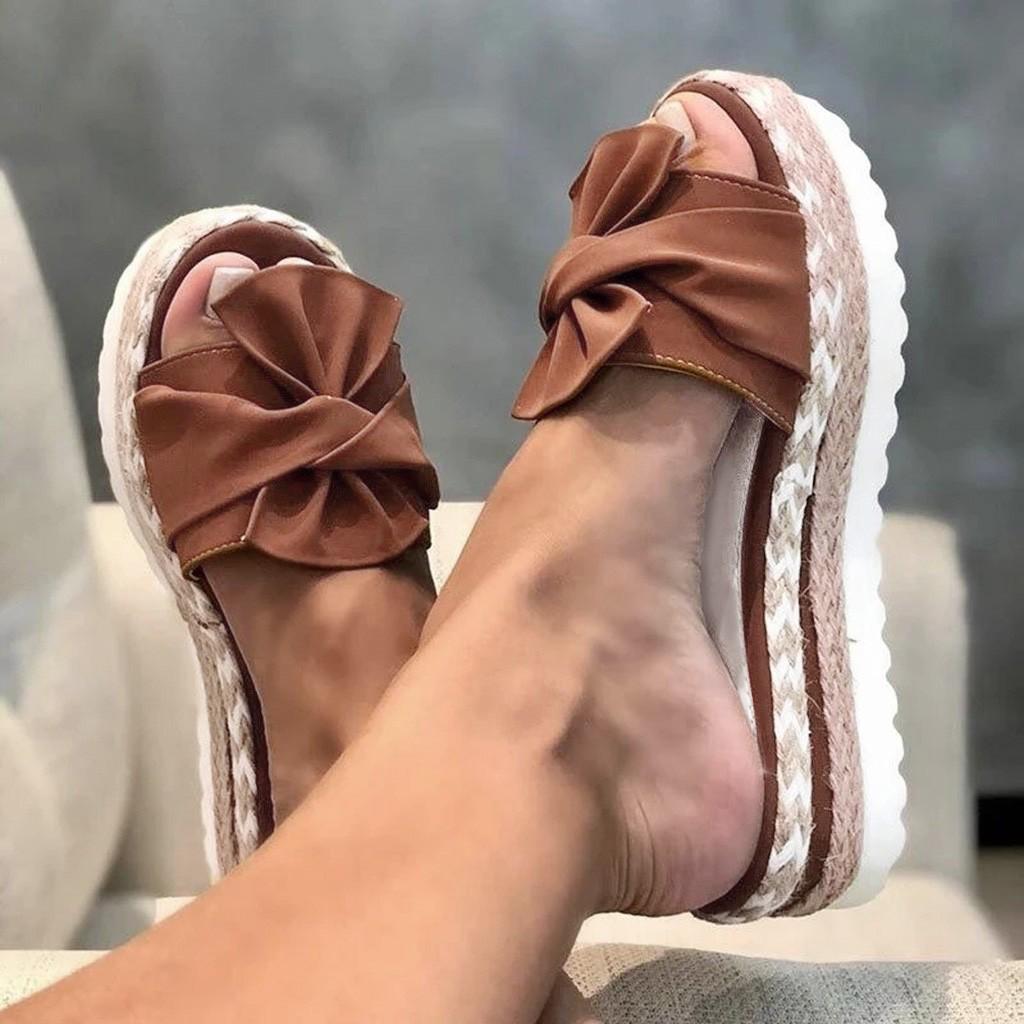 Women's Summer Slip-On Bow Flat Beach Open Toe Breathable Sandals Weave Shoes
