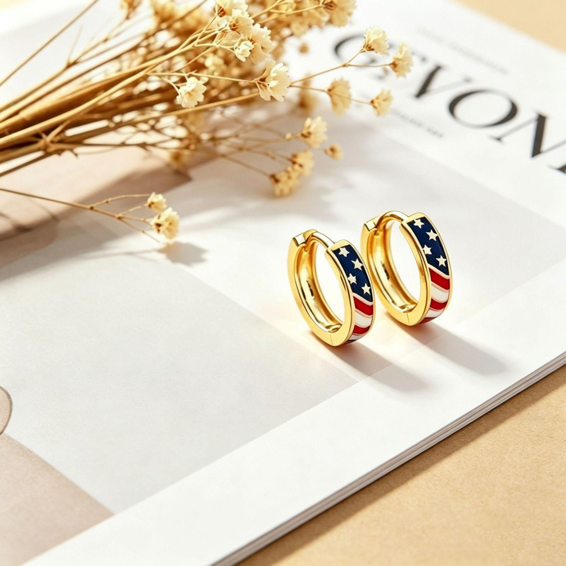 Yanbai Trendy Colorful Earrings & Ring Set: American Flag Theme, European & American Fashion