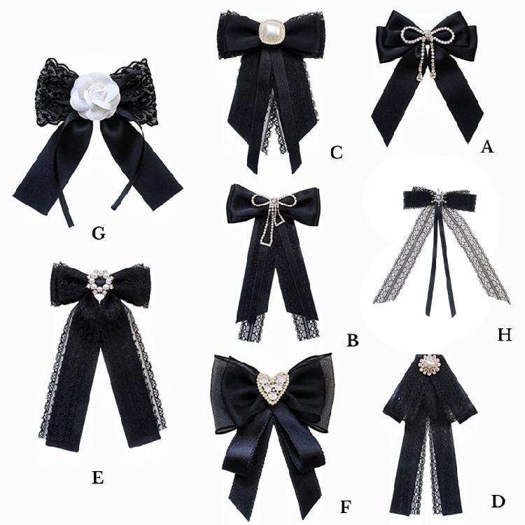 Women's Ribbon Bowtie Brooch Pin Student Uniform Pre Tied Necktie Clip Crystal Pearls Bowknot Corsage Shirt Jabot Collar