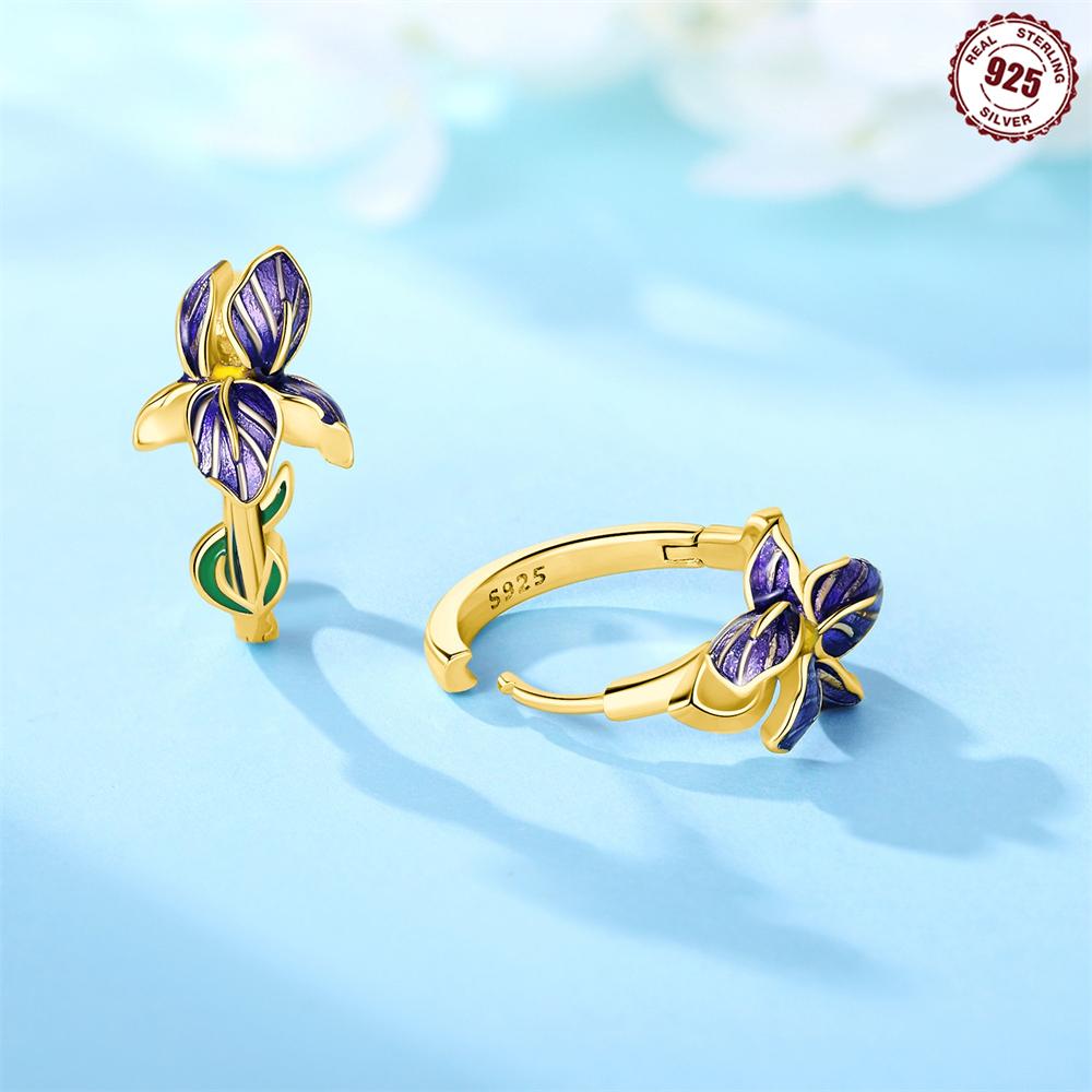 Iris Flower Stud Earrings Featuring Purple Flower Decorative Plants 925 Silver Earrings Woman Jewelry Anniversary Gift