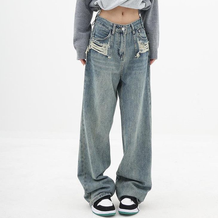 

Старые синие джинсы, женские летние новые свободные широкие брюки в стиле дикого ретро. M