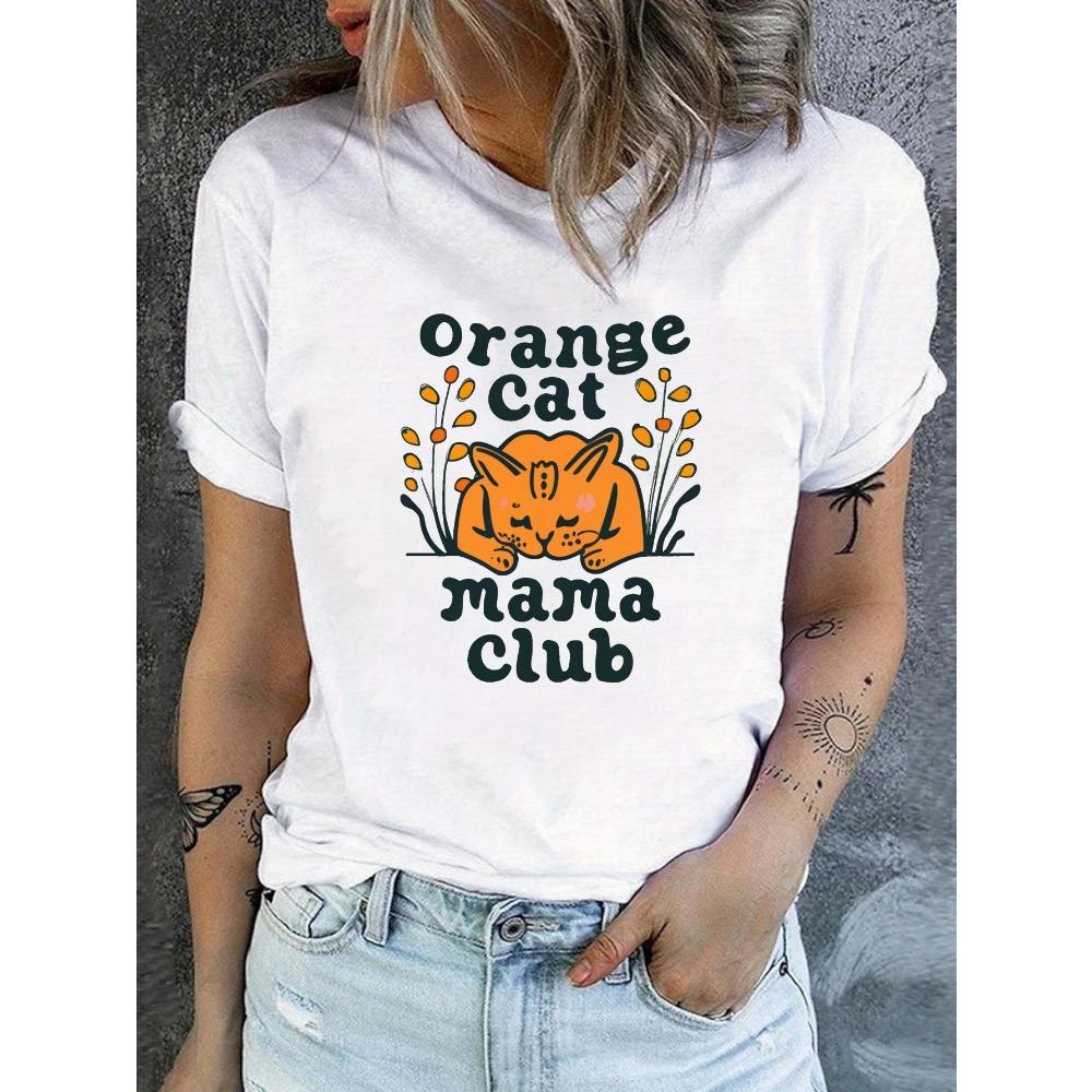 

Orange Cat Print Crew Neck T-shirt Casual Short Sleeve Top for Spring Harajuku Sleeve Casual Clothing Clothes S