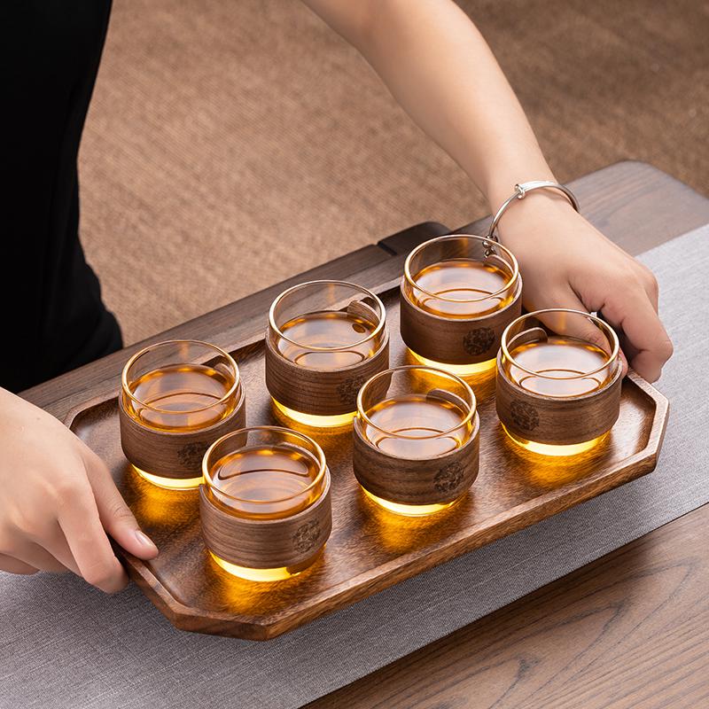 Walnut Wood Anti-Scald Glass Teacup - Japanese Kung Fu Master Tea Set for Home Use
