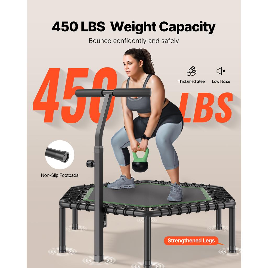 SucceBuy 54.5 Inch Mini Trampoline 450 lbs Stable & Quiet with 3 Levels Height Foam Handle for Adults Indoor/Garden Workout