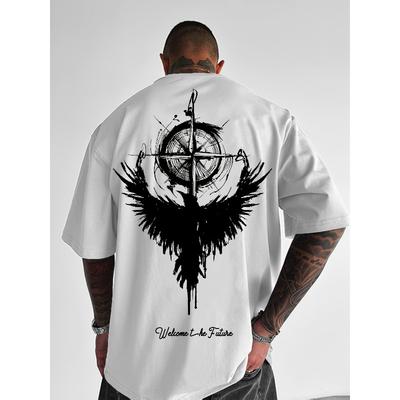 European Sizes Men's Y2K Compass & Raven Print T-Shirt - Loose Fit Round Neck Short Sleeve Summer Top, Breathable Casual Shirt Suitable