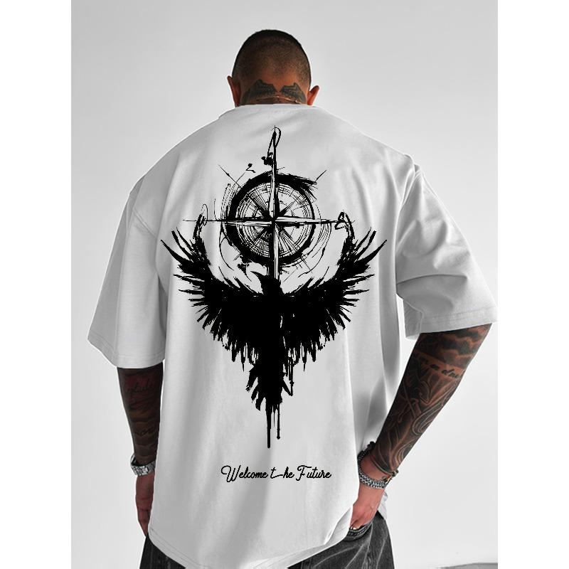

European sizes Men s Y2K Compass & Raven Print T-Shirt - Loose Fit Round Neck Short Sleeve Summer Top, Breathable Casual Shirt Suitable 4XL білий
