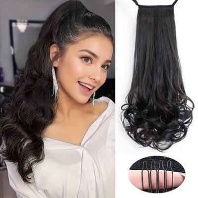 Estensione per Coda di Cavallo Lunga Riccia Ondulata Sintetica con Doppi Elastici Clip-in per Capelli ad Alta Temperatura per Donne Cosplay