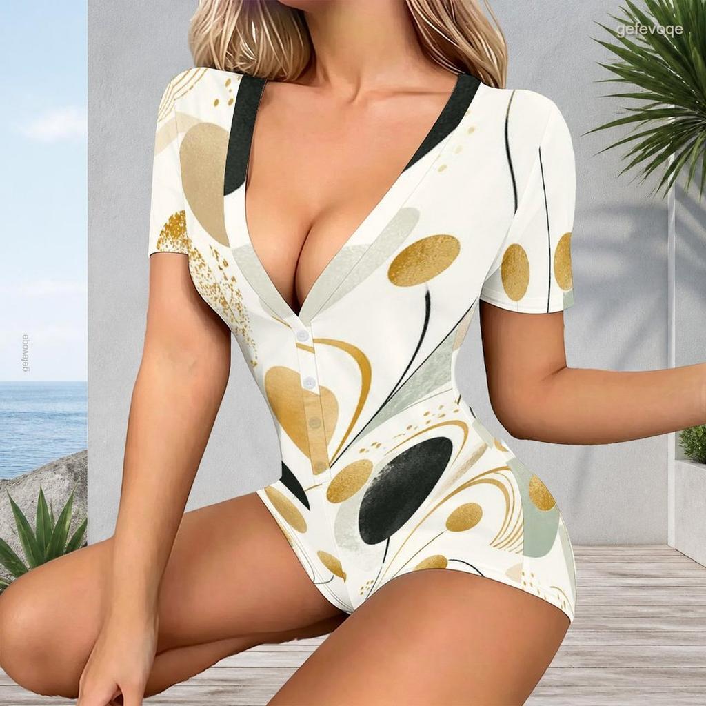 Women Plus Size Black Floral Printed V Neck Short Sleeve Button Front Romper