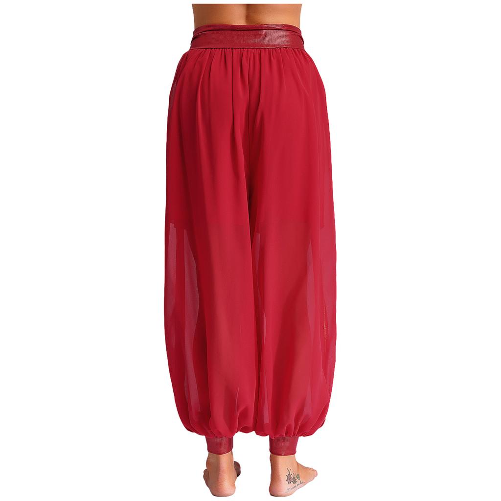 Women's Chiffon Belly Dance Pants Ruched Waistband Side Split Pants Performance Costume