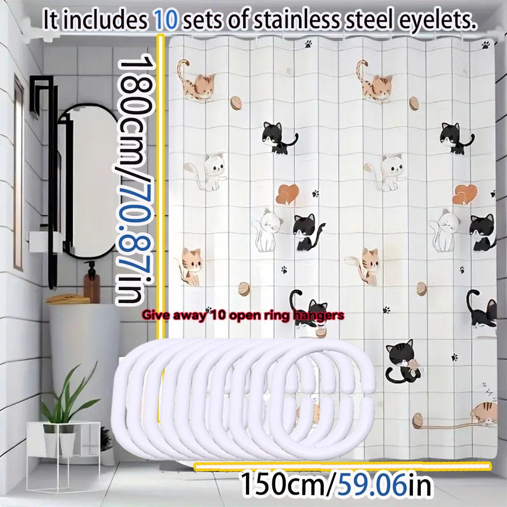 Simple Cartoon Naughty Cat Shower Curtain Bathroom Shower Curtain Easy To Clean And Scrub Peva Waterproof Material Light Opaque