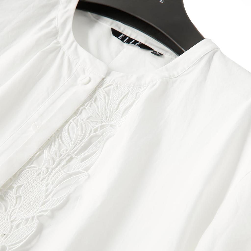 [ELLE] Women's Blouse, 100% Cotton, Lace Placket, Raglan Sleeves, Pleated Sleeves, White, Long Sleeves, Elegant, Stylish, Sizes S, M, L