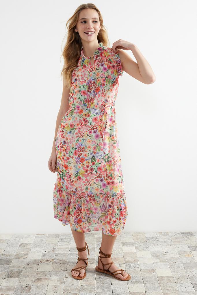 Women's Fashion New Dress Yellow Floral Patterned A-Line Midi Lined Chiffon Woven Dress
