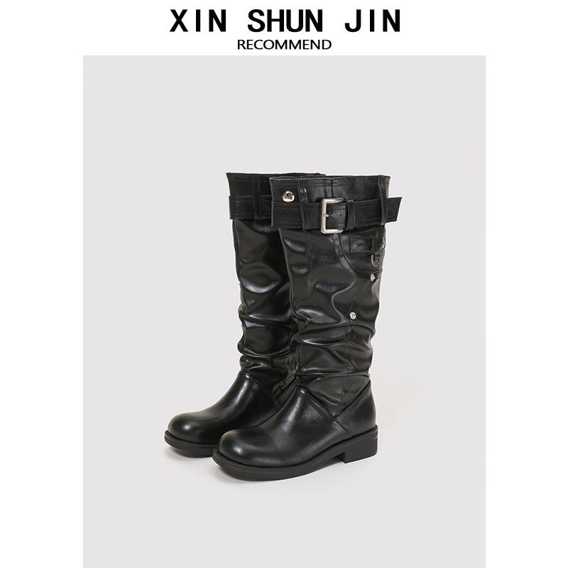 

Maillard Плиссированные ботинки с голенищем Женские на толстом каблуке Узкие Универсальные Модные ботинки Ботфорты Женские Ковбойские Рыцарские ботинки 40 чёрный