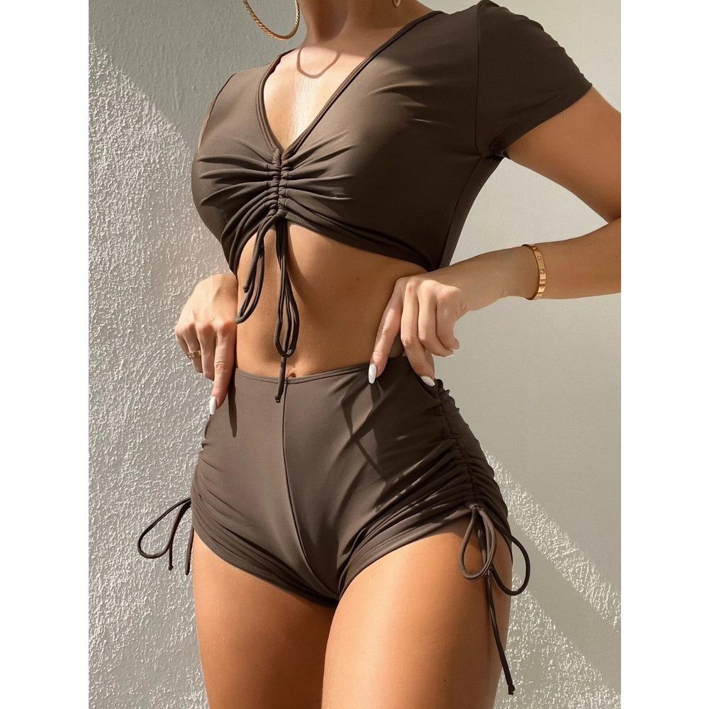 Women Bikini Set String Ribbed V Neck Push Up Top High Waist Bottom Sexy Swimsuits