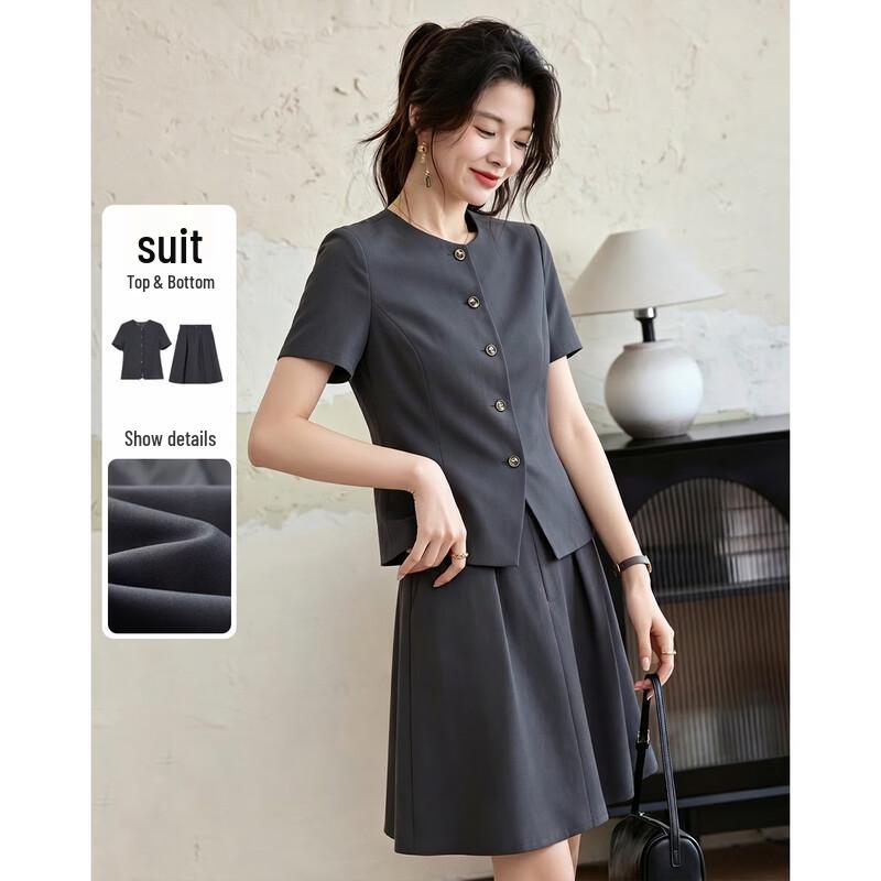 Women s Summer Round Neck Short Sleeve Top & Pleated Skirt Set M