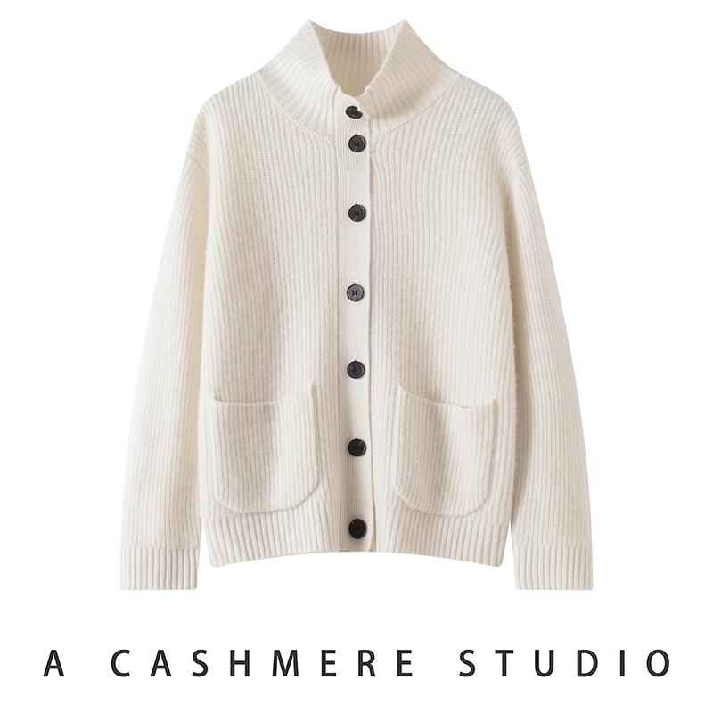 Lekasha Cashmere Half-High Neck Knit Cardigan with Pockets - Thickened Plain Color Top for Autumn/Winter.