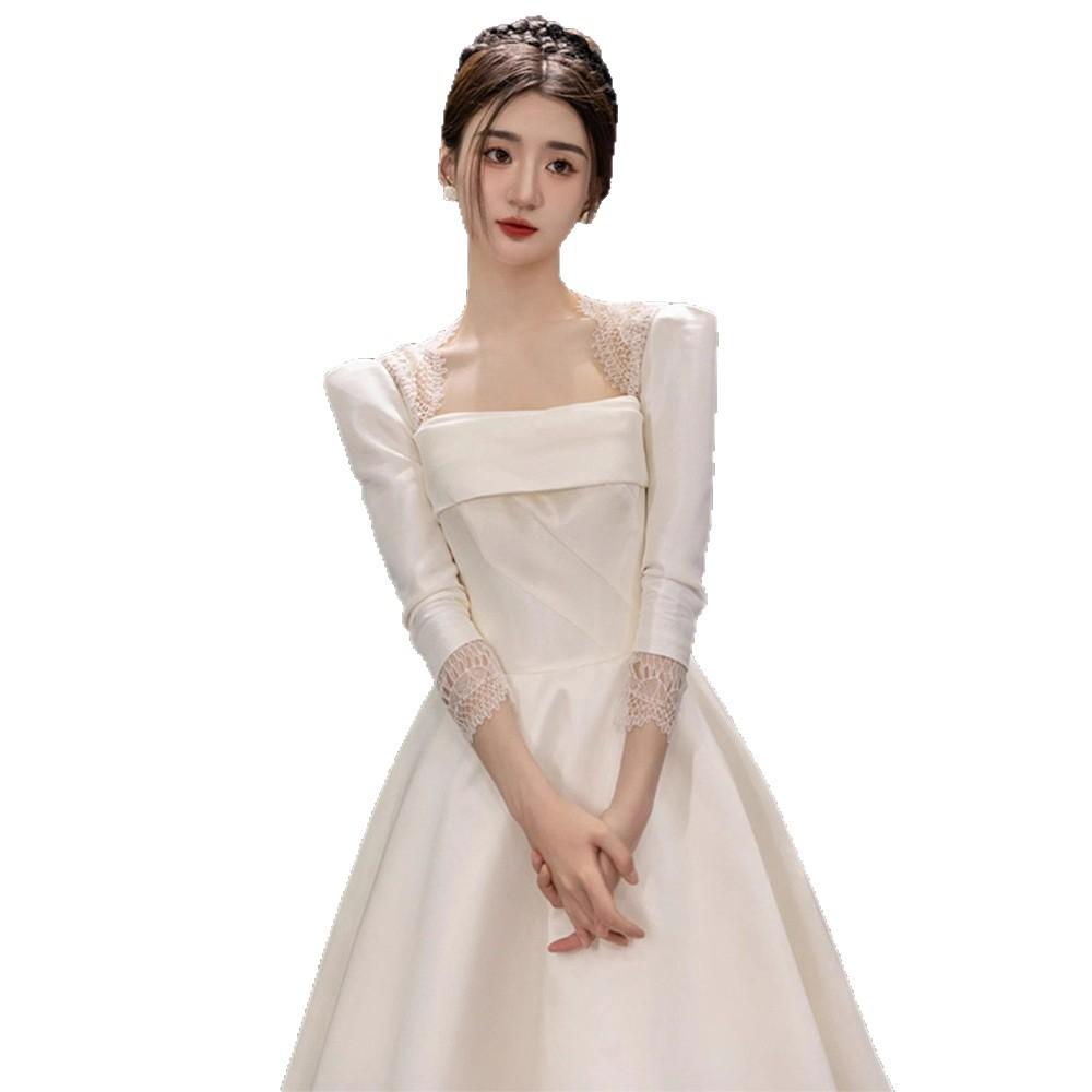 French long-sleeved light wedding dress 1011 new white simple satin niche square collar engagement robe dress