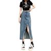 Damen Vintage High Waist A-Linien Denim Midi-Rock mit Fransen-Saum und Trendy Schlitz