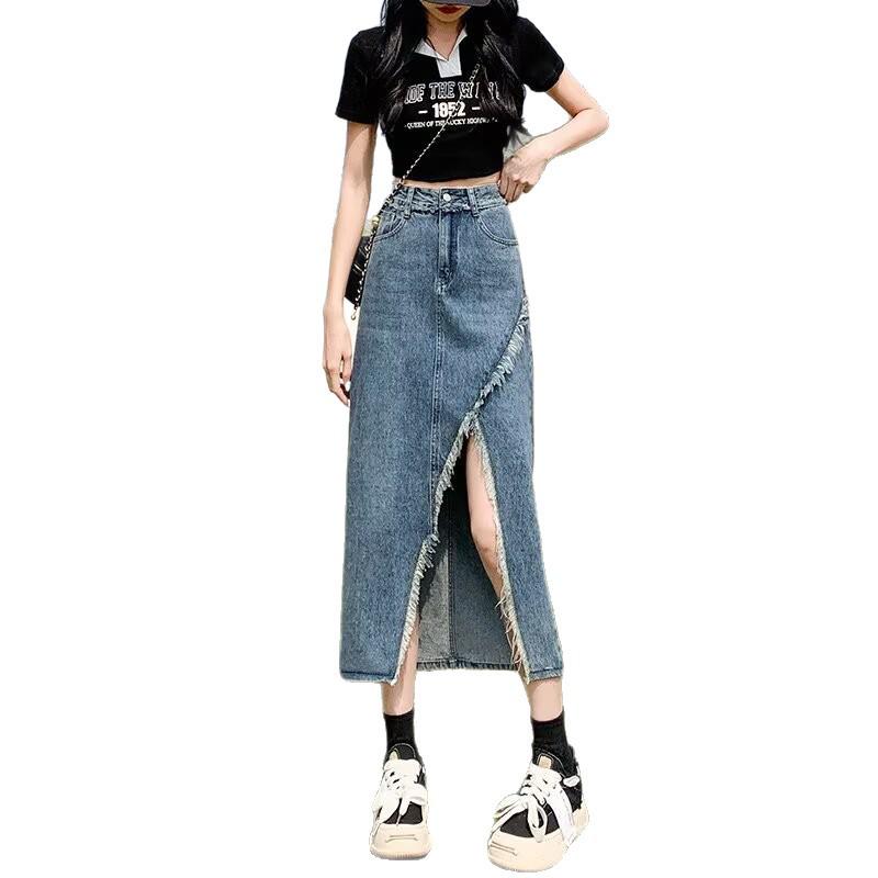 Damen Vintage High Waist A-Linien Denim Midi-Rock mit Fransen-Saum und Trendy Schlitz