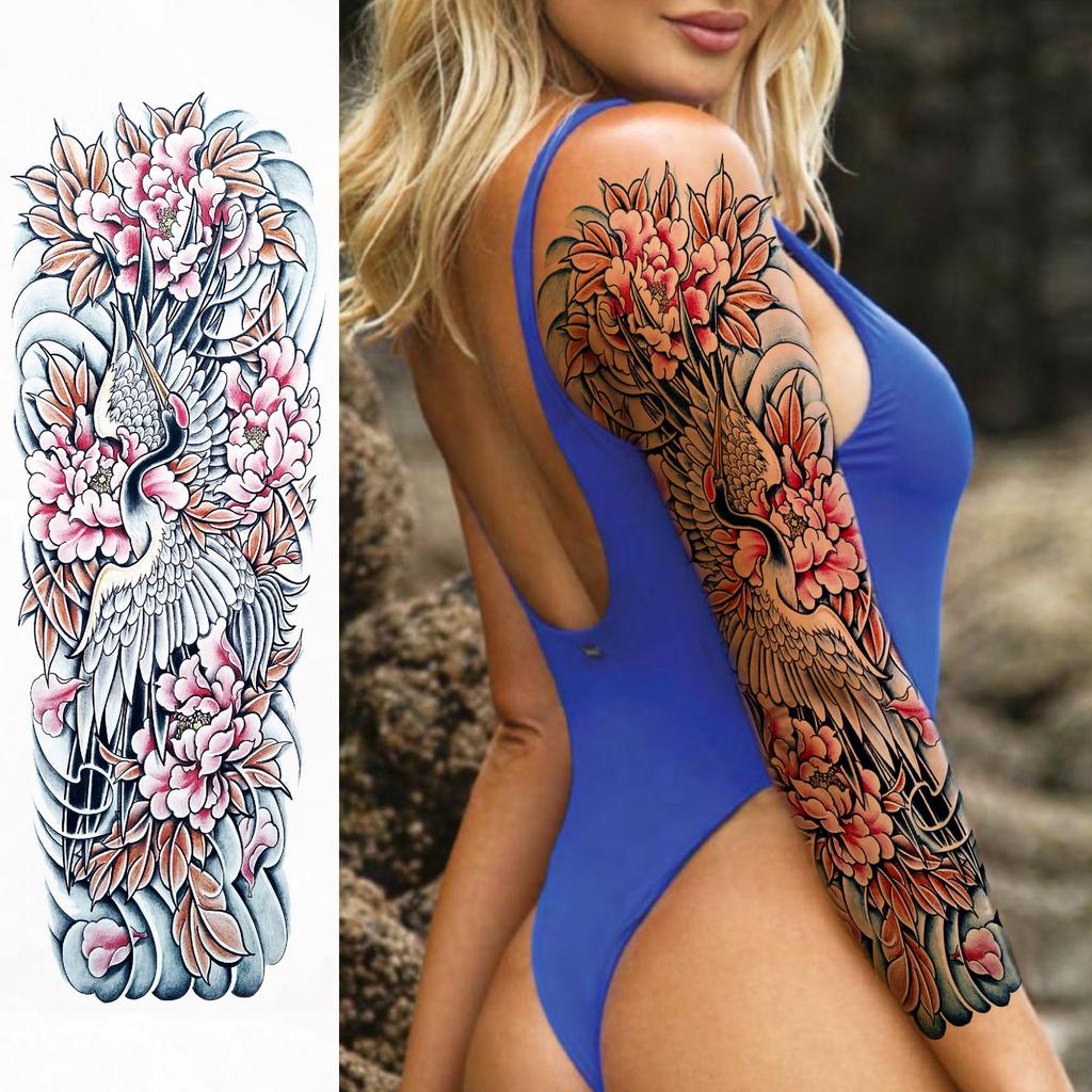 1 Sheet Long Sleeve Temporary Tattoos For Men Women Flower Skull Lion Wolf Tiger Nun Fox Compass Tattoo Sticker Body Art Arm Leg