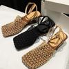 Temperament niche square head breathable woven mesh weave heel high heel sandals empty bag head hollow woven fishing net shoes
