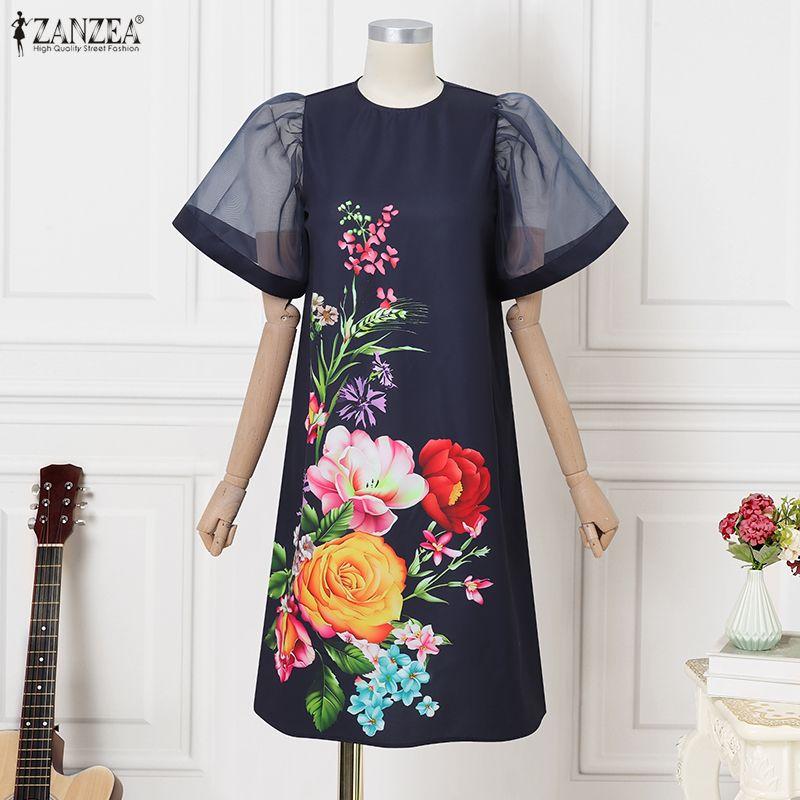 ZANZEA Women Casual Mesh Splice Short Sleeve Summer Floral Dress