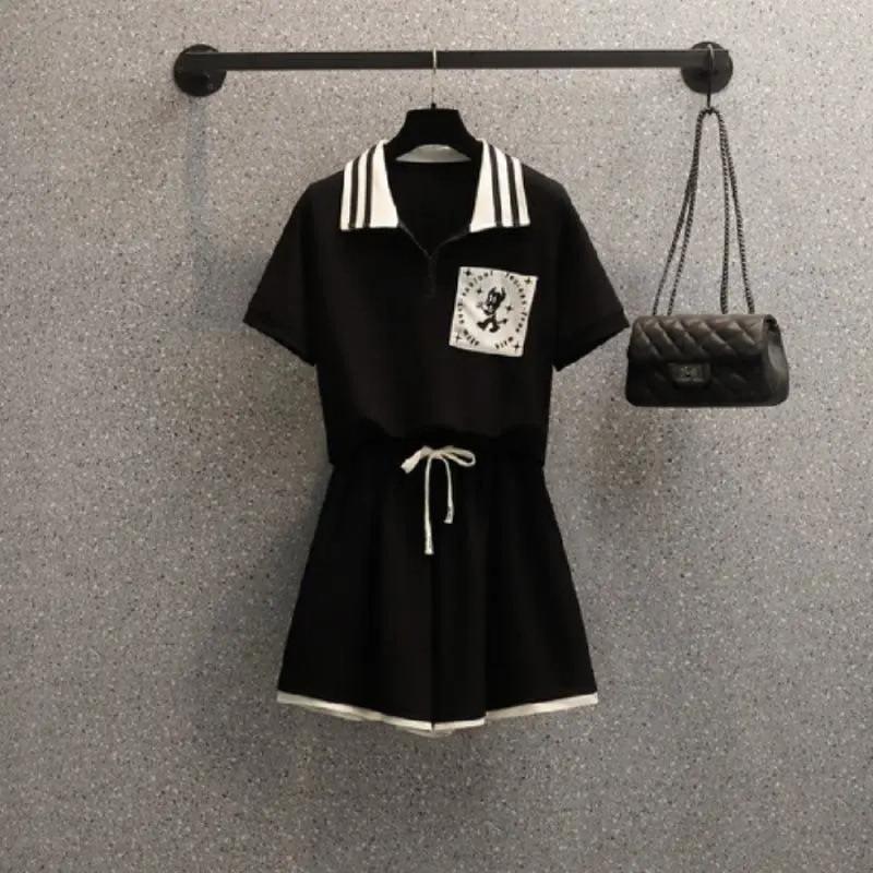 Women's Summer Embroidered Casual Shorts and Top Two-Piece Set - Korean Style, Plus Size, Sporty, Age-Reducing Fashion.