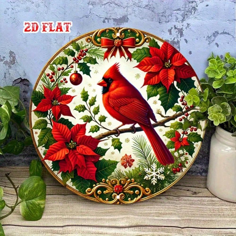Vintage Red Cardinal Poinsettia Round Metal Tin Sign Christmas Wall Art Home Decor