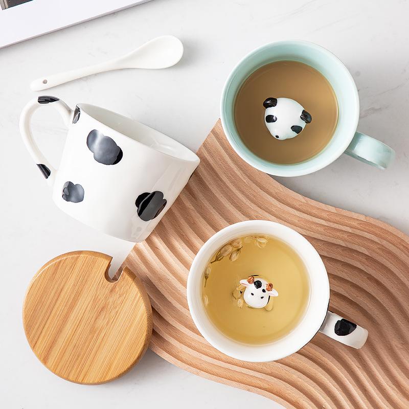 Cartoon Keramik Kaffeetasse Dreidimensionale Panda Dekoration Becher mit Deckel Löffel Exquisit Zuhause Frühstück Milchbecher Kinder Geschenk Neu