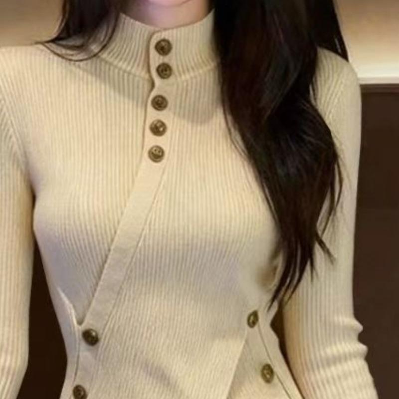 Dámský vintage úpletový svetr s vysokým límcem, úzký střih, nepravidelný top, podzimní